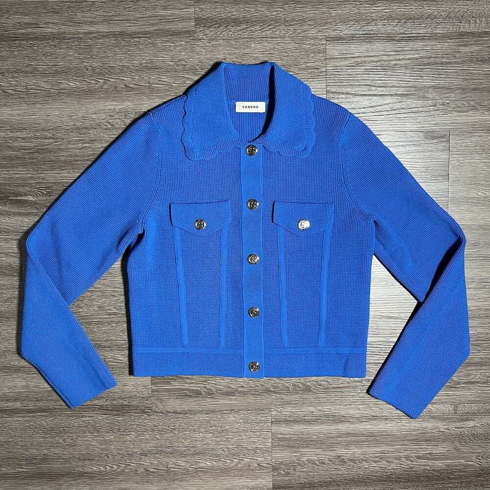 Sandro Paris Paco Cardigan Women's 1 S Royal Blue Waffle Knit Cropped